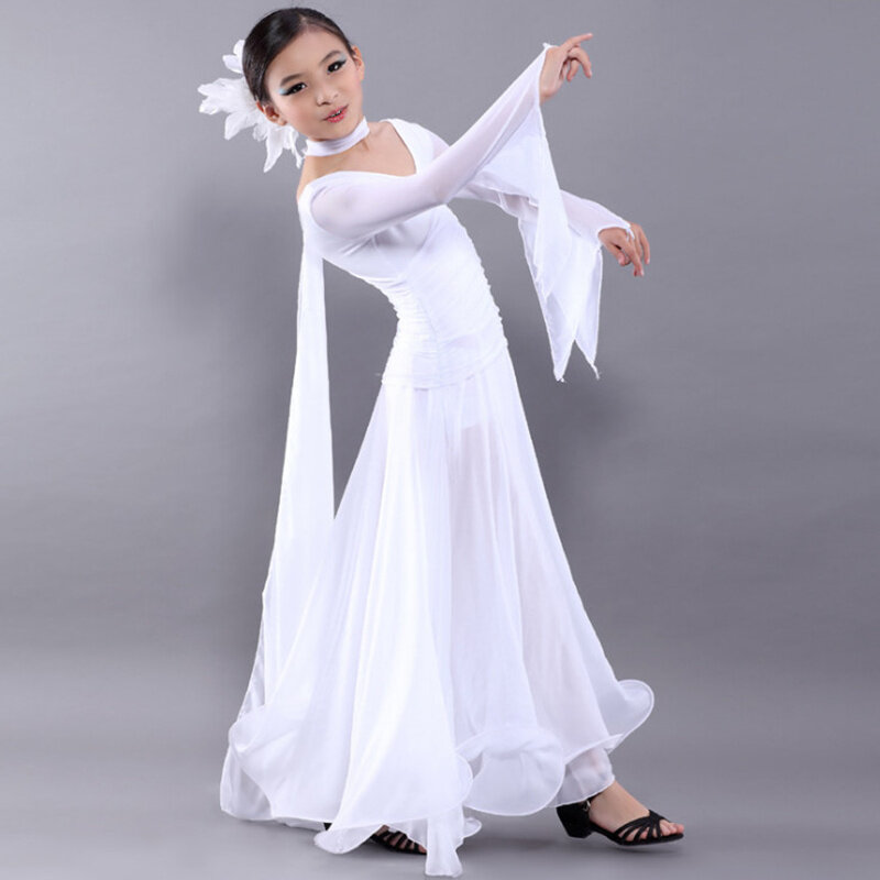 Chiffon Long Sleeves Standard Competition Ballroom Dance Dress Fo Girl Kids One Piece Child Modern/Waltz/Latin Dancing/Dancewear
