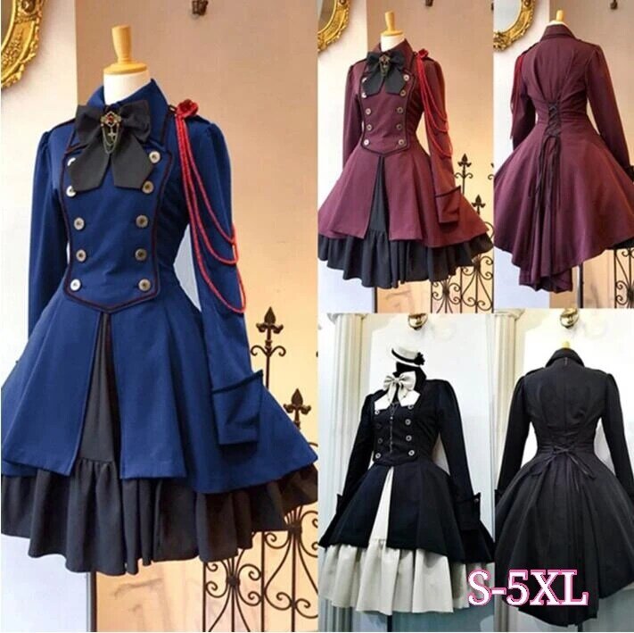 2022 Vintage Gothic Lolita Kleid OP Rüsche fliege Taste Spitze Up Knie Länge Kleid Langarm Süße Kleid