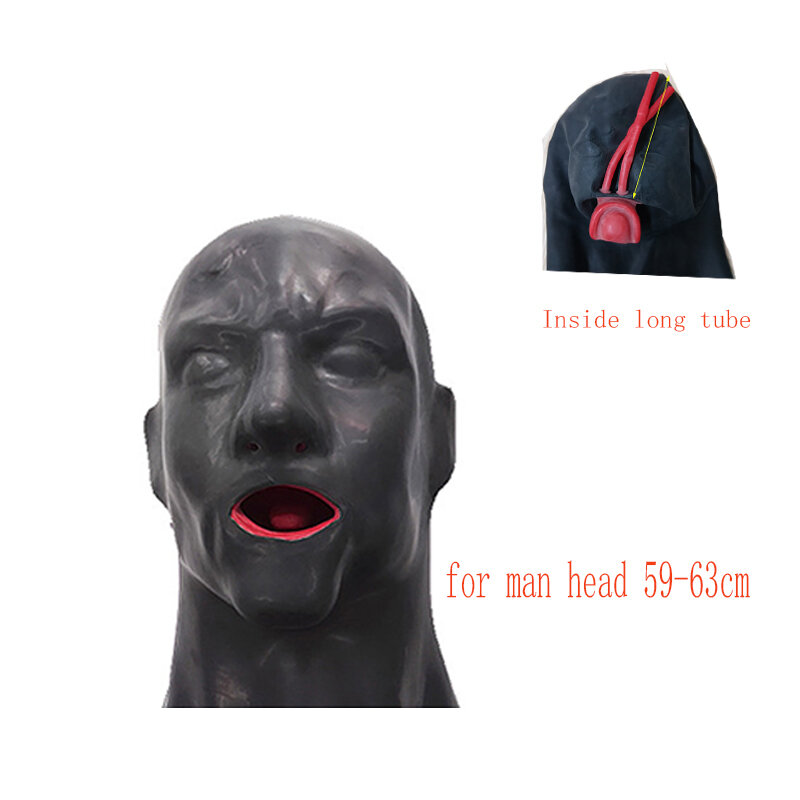 Hot 3D Latex Hood Rubber Mask Closed Eyes Fetish Hood with Red Mouth Gag Plug Sheath Tongue Nose Tube Long and Short for Men