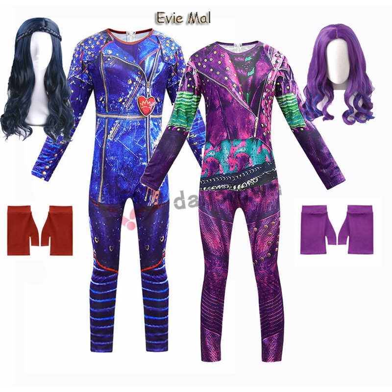 New Kids Halloween Costume For Girls Evie Mal Descendants 3 Cosplay Costumes With Wig Children's Carnival Party Jumpsuit Catsuit