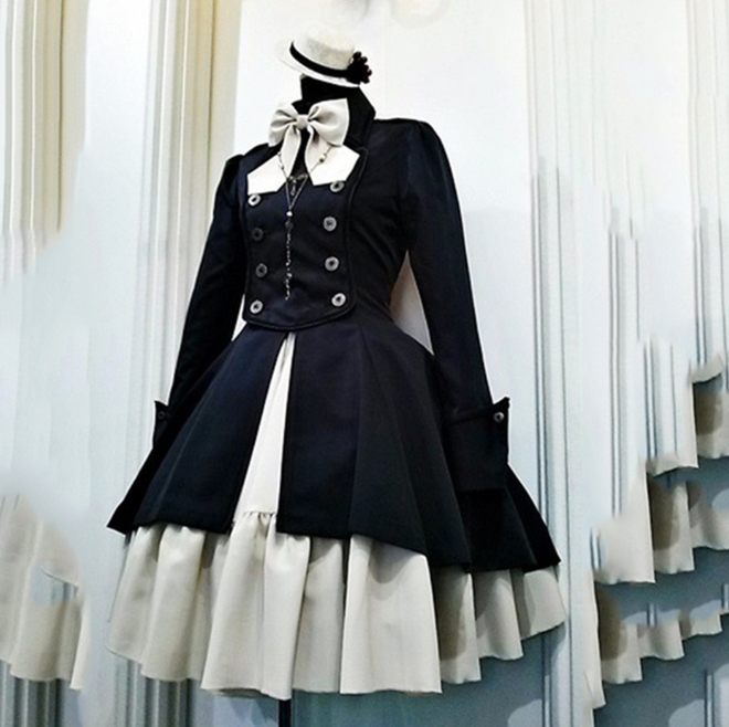 2022 Vintage Gothic Lolita Kleid OP Rüsche fliege Taste Spitze Up Knie Länge Kleid Langarm Süße Kleid