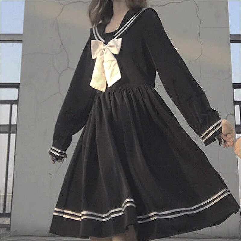 Bow Patchwork Loose A-Line Fashion Knee-Length Cute Empire Preppy Style Japanese All-match Black School Uniform