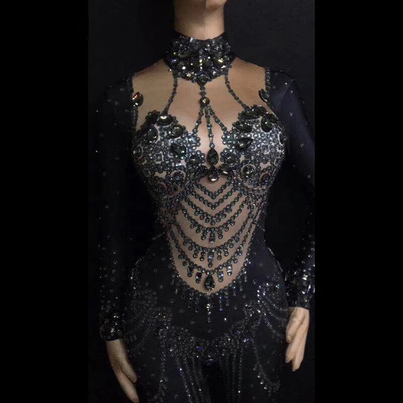 Black Rhinestones Show Jumpsuit sexy Birthday Dance Party Prom Nightclub Singer gogo Stage Rompers designer clothes