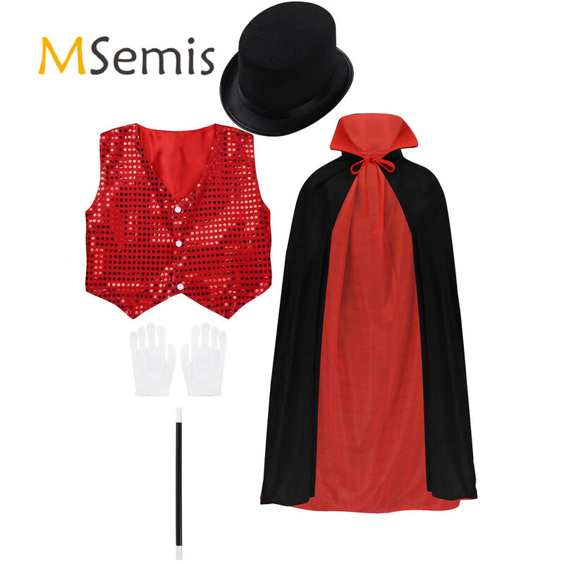 Kids Magician Cosplay Costume Role Play Props Outfit Waistcoat Cape Hat Magic Wand Gloves Set for Cosplay Choir Jazz Dancewear