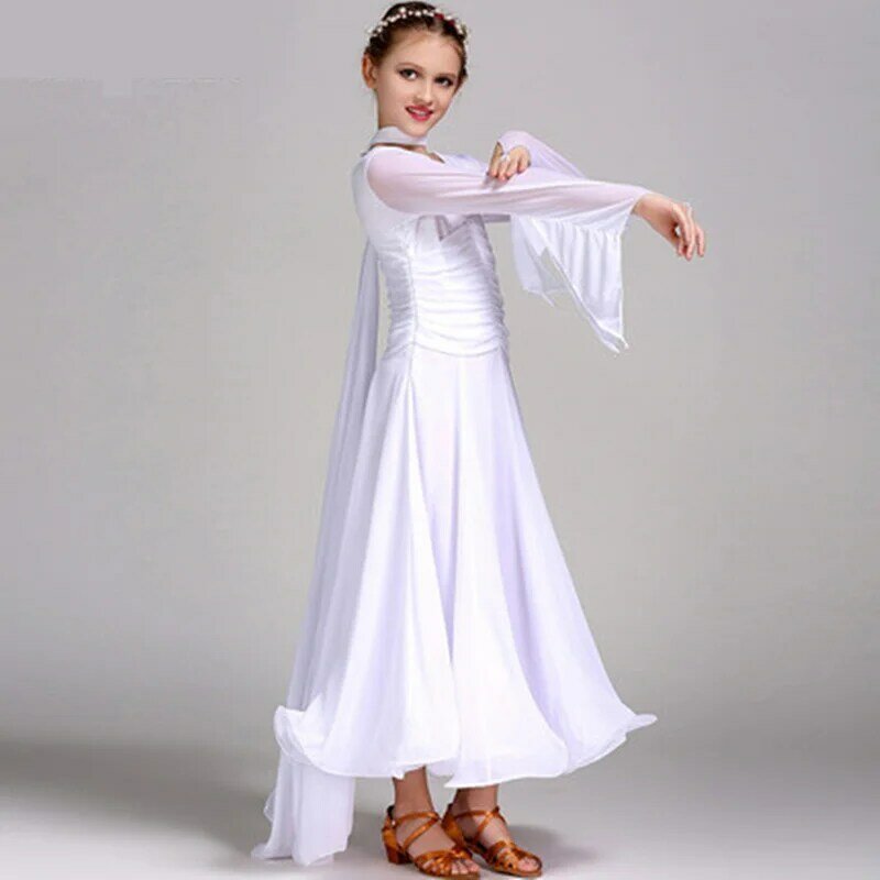Chiffon Long Sleeves Standard Competition Ballroom Dance Dress Fo Girl Kids One Piece Child Modern/Waltz/Latin Dancing/Dancewear