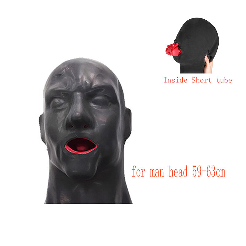 Hot 3D Latex Hood Rubber Mask Closed Eyes Fetish Hood with Red Mouth Gag Plug Sheath Tongue Nose Tube Long and Short for Men