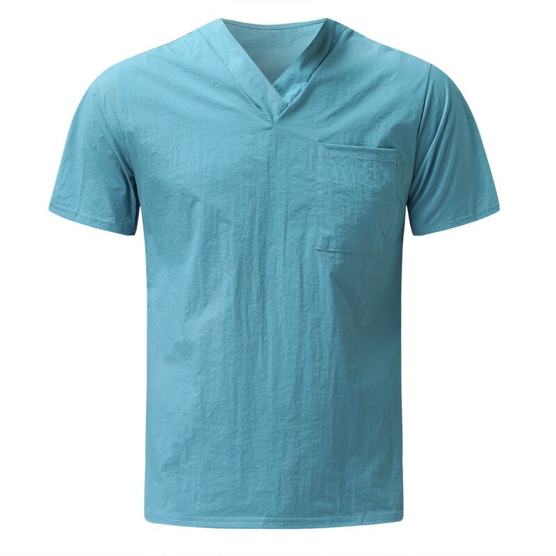 Men Nursing Uniform Solid Color Short Sleeve V-neck Tops Summer Oversized T-shirt For Male Care Worker Healthcare Clinic Clothes
