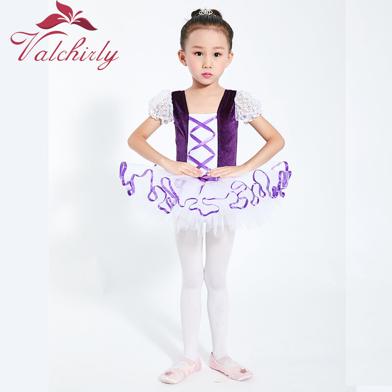 Girls  Ballet Tutu Dress Velvet Body Ribbon Mesh Skirt Short Puff Sleeves Kids Dance Gymnastics Leotard Costumes