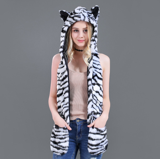 New White Fox Animal Hoods Cute Animal Faux Fur Hat Cap Women Mens Fashion Warm Animal Fur Hats With Gloves Girl Cartoon Hat