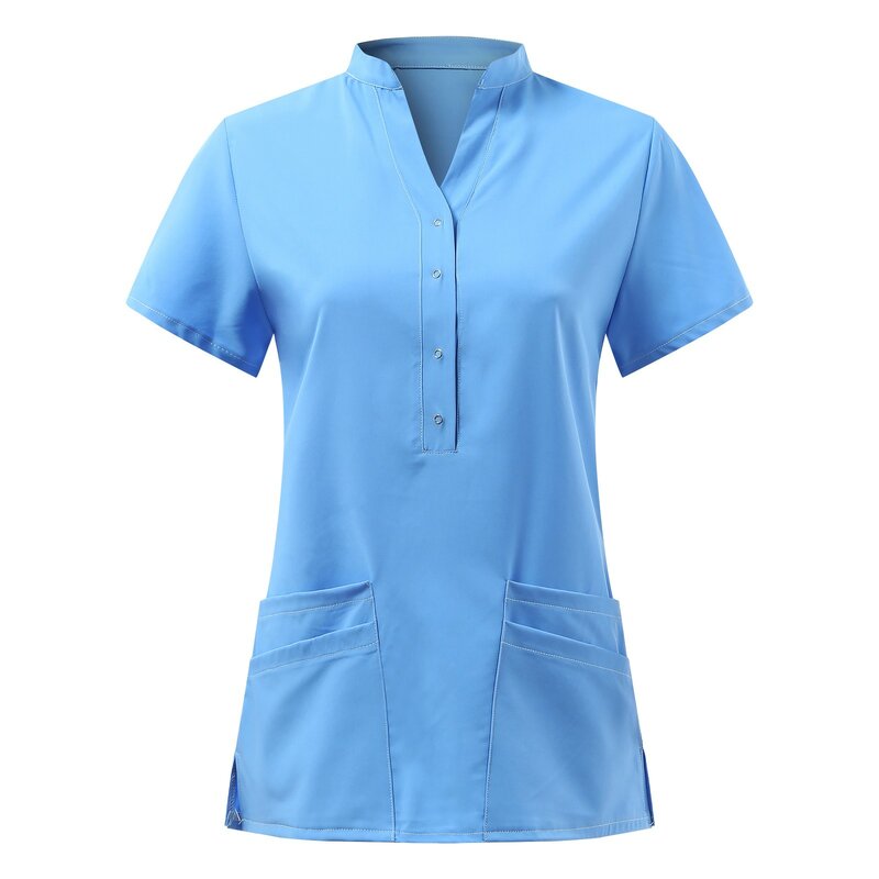 Solid Women Nurse Uniform Scrub Short Sleeve V-neck Button Pocket Tops Nursing Working Medical Uniform Blouse Nurse Accessories