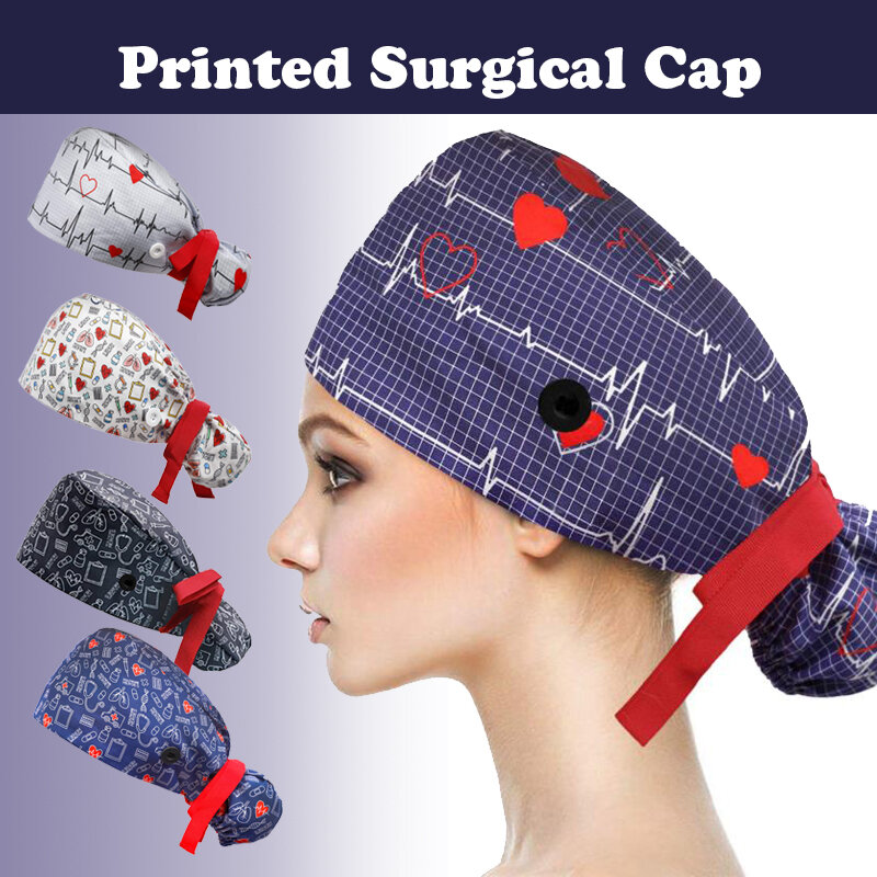 Adjustable Pet Shop Scrub Cap With Buttons Bouffant Hat With Sweatband Beauty Work Cap Nursing Cap For Women Long Hair Nurse Hat