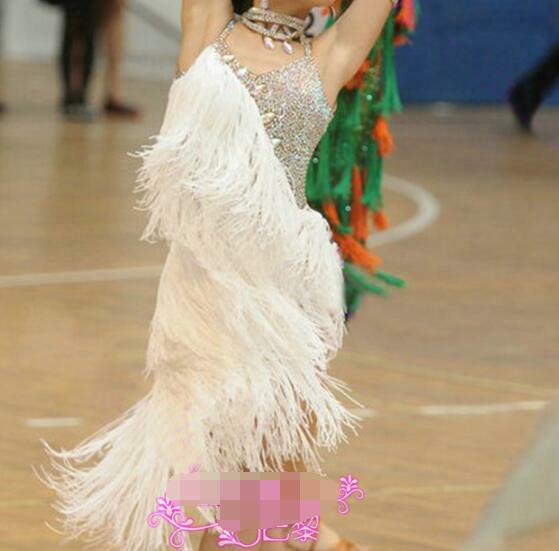 1pcs/lot Girls Latin Dance Dress white Tassel Latin Ballroom Costumes Tango Samba Dance Dress girl sequin latin dress