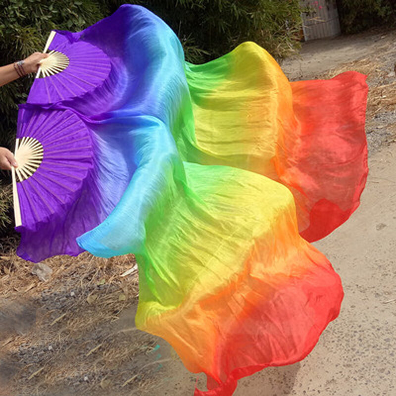 100% Real Silk Fan Veils for Belly Dance Bamboo-Ribs Folding Long Silk Fan 1.8m/2.1m  Chinese Hand Made dyed Fan Gradient color