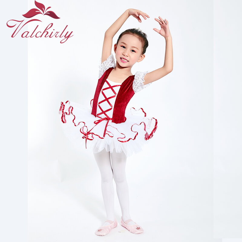 Girls  Ballet Tutu Dress Velvet Body Ribbon Mesh Skirt Short Puff Sleeves Kids Dance Gymnastics Leotard Costumes