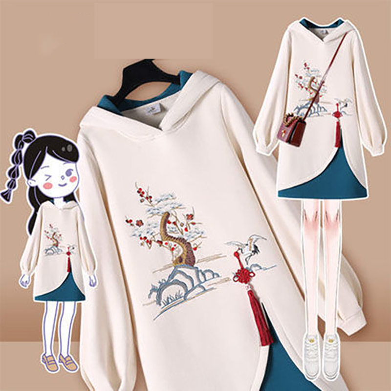 2024 Long Sweatshirt Chinese Dress Spring and Autumn Women's Loose Embroidered Cheongsam Casual Tang Suit New Hooded Sweater