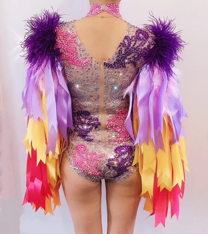 Dropshipping Colourful Feather Sleeve Rhinestone Bodysuit Women Nightclub Bar Party Outfit Performance Dance Costume