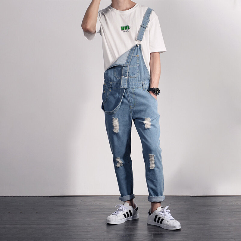 High Street Pockets Jeans Men Fashion Slim Fit Denim Jumpsuit Modish Strap Overalls Casual Suspender Ripped Denim Overalls Holes