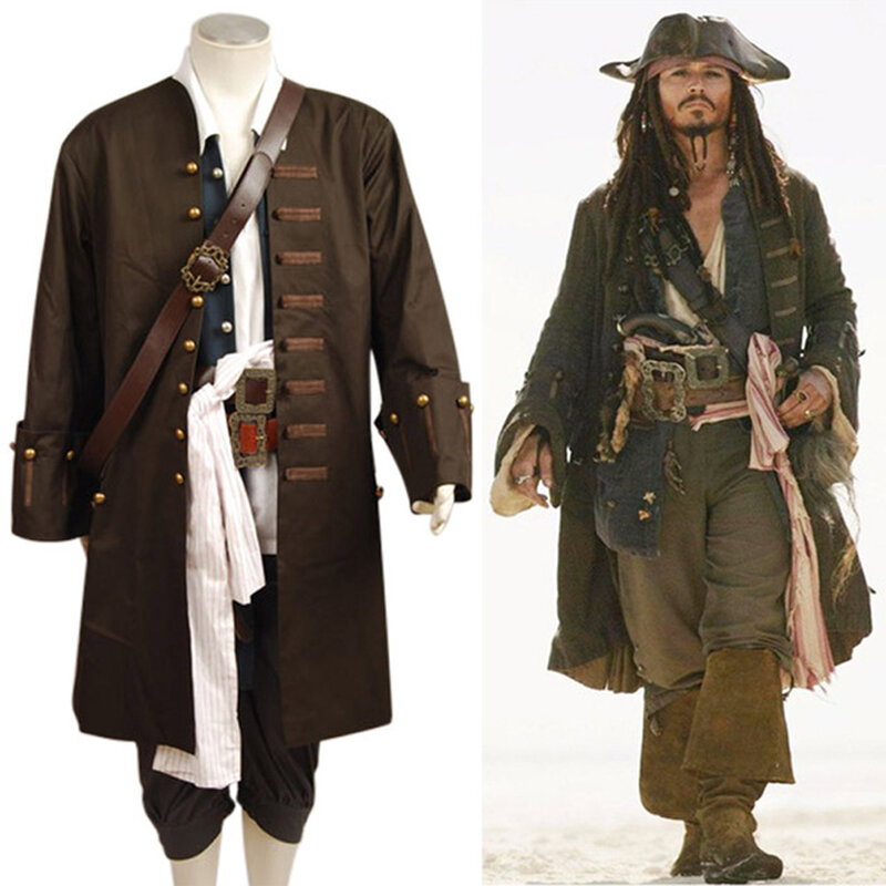 Dropshipping Halloween Pirate cosplay costume Pirates Of The Caribbean Jack Sparrow Jacket Vest Belt Shirt Pants Costumes