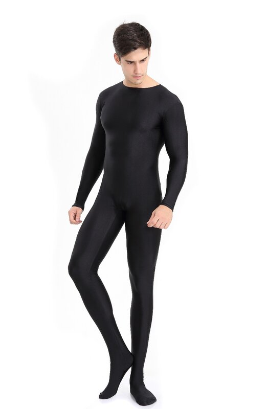 Mens Full Body  Spandex Zentai Suit Black Long Sleeve Unitard Adult Zipper Back Black Footed Cosplay Bodysuit Costumes