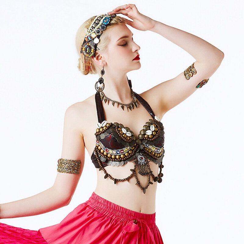 Tribal Belly Dance Push Up Beaded Bra B-C-D Cup Vintage Gypsy Bra Bronze Coins Swags ATS Tops