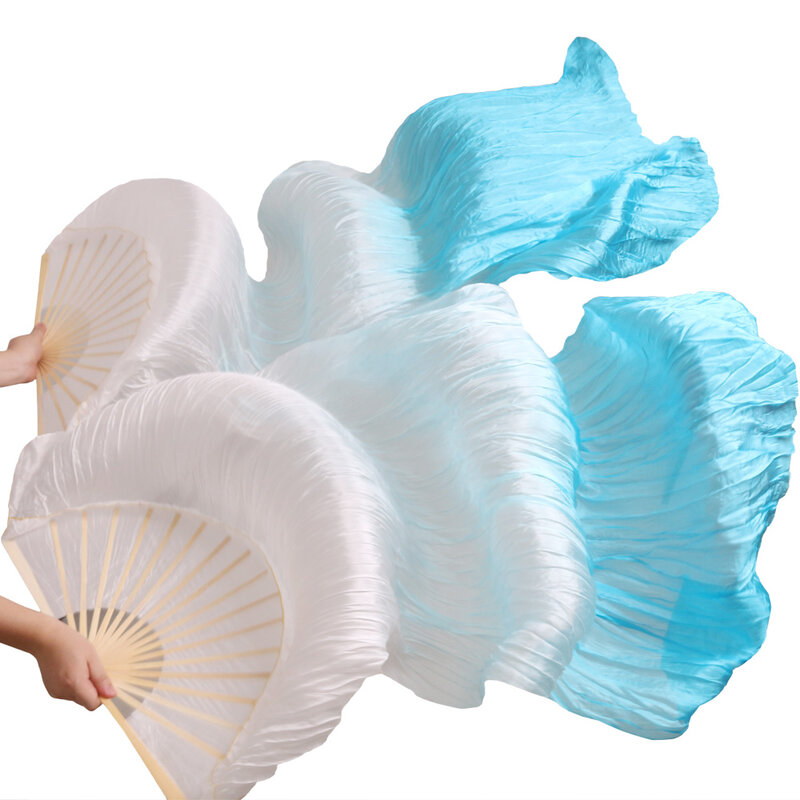 New Arrival 2018 High Quality 100% Real Silk Fabric Fans 1 Pair Handmade Women Silk Belly Dancing Fans White + Turquoise 180*90