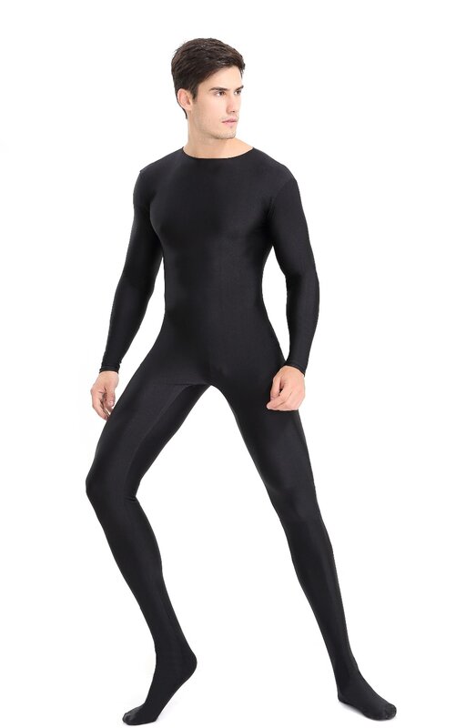 Mens Full Body  Spandex Zentai Suit Black Long Sleeve Unitard Adult Zipper Back Black Footed Cosplay Bodysuit Costumes