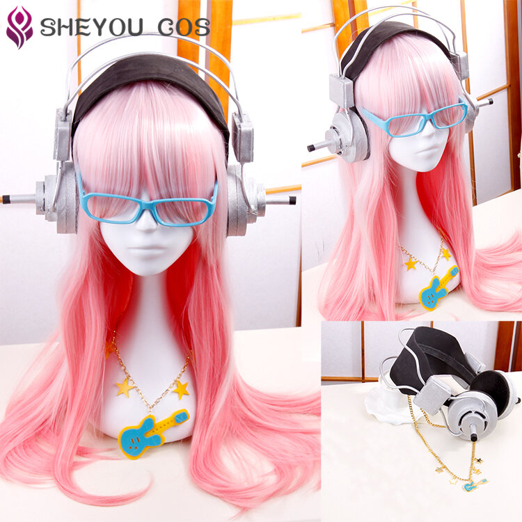 Supersonico Super Sonico 60cm Long Pink Ombre Hair With Headphone Prop Heat Resistant Cosplay Costume Wig + Toy headset