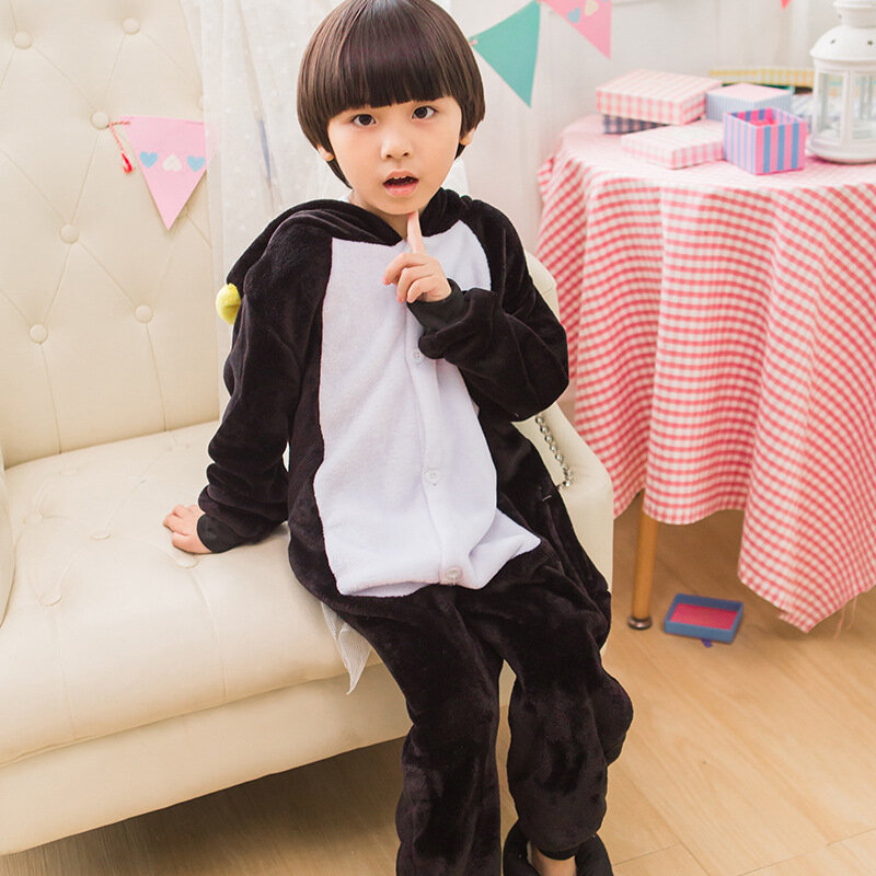 Warm Kids Pajamas Animal Onsies Flannel Children's Sleepwear Black Penguin pajamas For Girls Boys Nightgown Cosplay