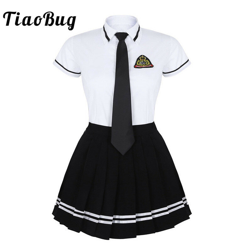 TiaoBug Japanese School Girl Uniform Suit White Short Sleeve T-shirt Top Pleated Skirt Cosplay Korean Girls Student Costume Set