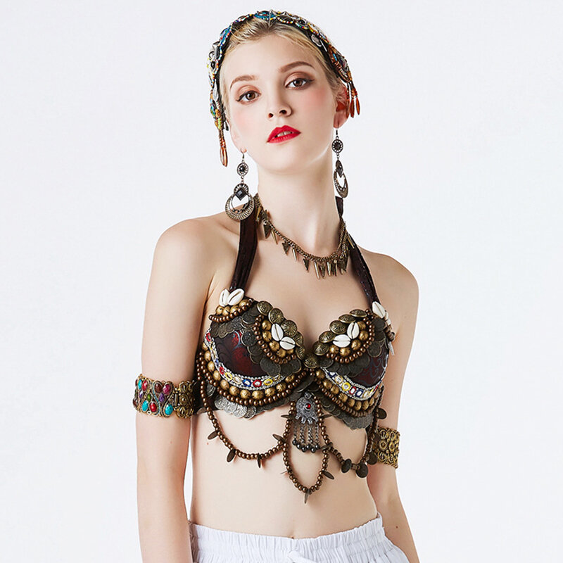 Tribal Belly Dance Push Up Beaded Bra B-C-D Cup Vintage Gypsy Bra Bronze Coins Swags ATS Tops