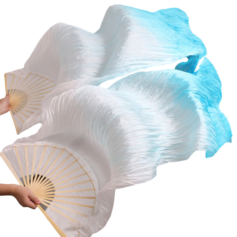 New Arrival 2018 High Quality 100% Real Silk Fabric Fans 1 Pair Handmade Women Silk Belly Dancing Fans White + Turquoise 180*90