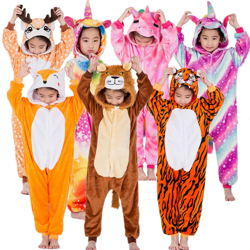 Children Unicorn Tiger Lion Fox Sika Deer Kigurumi Kids Onesies Pajamas Cosplay Costume for Halloween Carnival Party
