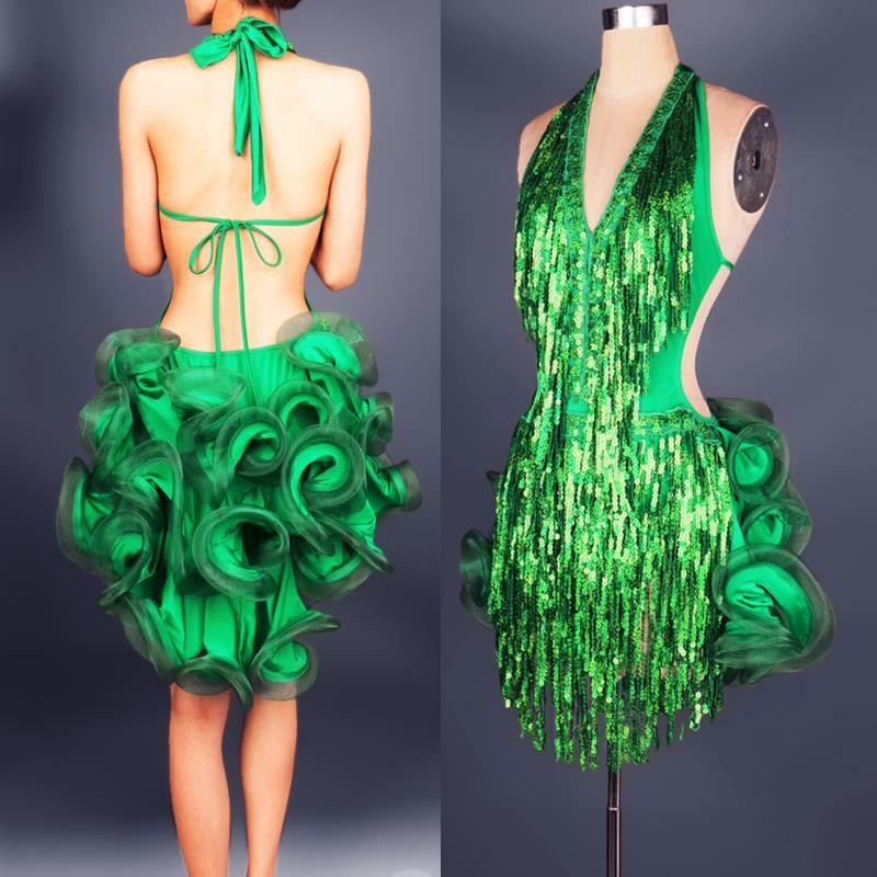 latin dance dress green professional costume for women fringe samba costume colorful womens ballroom competition dresses tassels