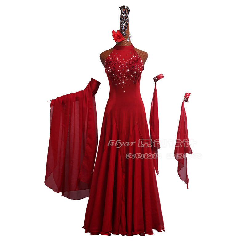 Ballroom Dance Dress Standard Skirt Competition Dress Costumes Performing Dresses Customize Adult Children Wine Red Embroidered