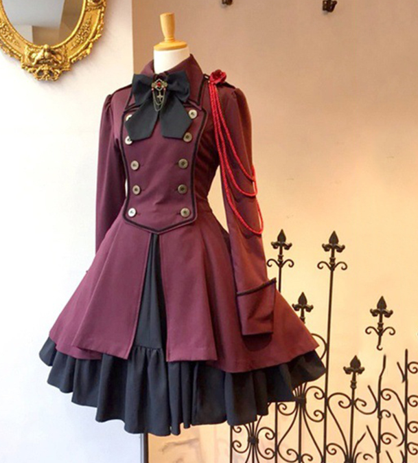 2022 Vintage Gothic Lolita Dress OP Ruffle Bow tie Button Lace Up Knee Length Dress Long Sleeve Sweet Dress