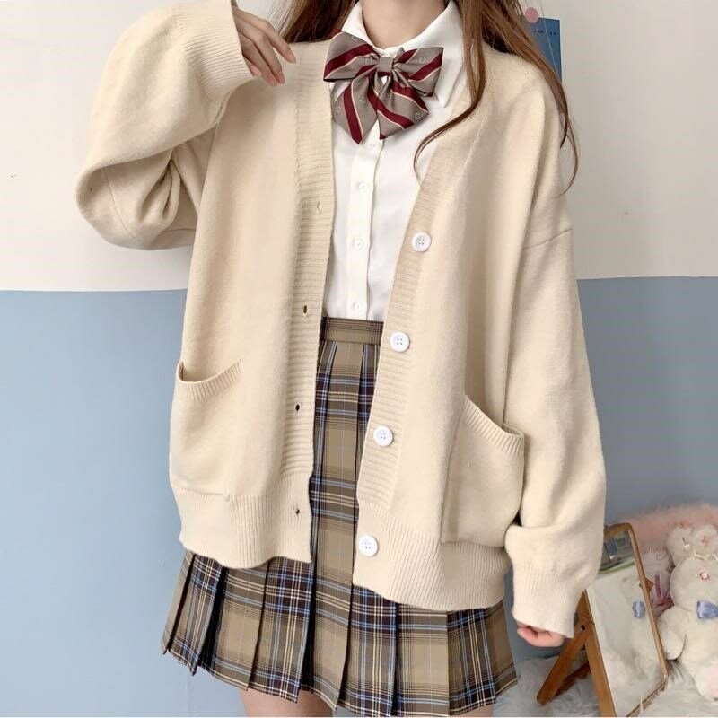 Japan School Sweater Spring Autumn V-neck Cotton Knitted Sweater College Style JK Uniform Cardigan 5 Color Student Girls Cosplay