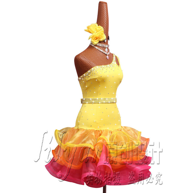 New Latin Dance Dress Competition Dress Costumes Skirt Performing Dress Adult Customize Children Light yellow Fishbone Skirtess