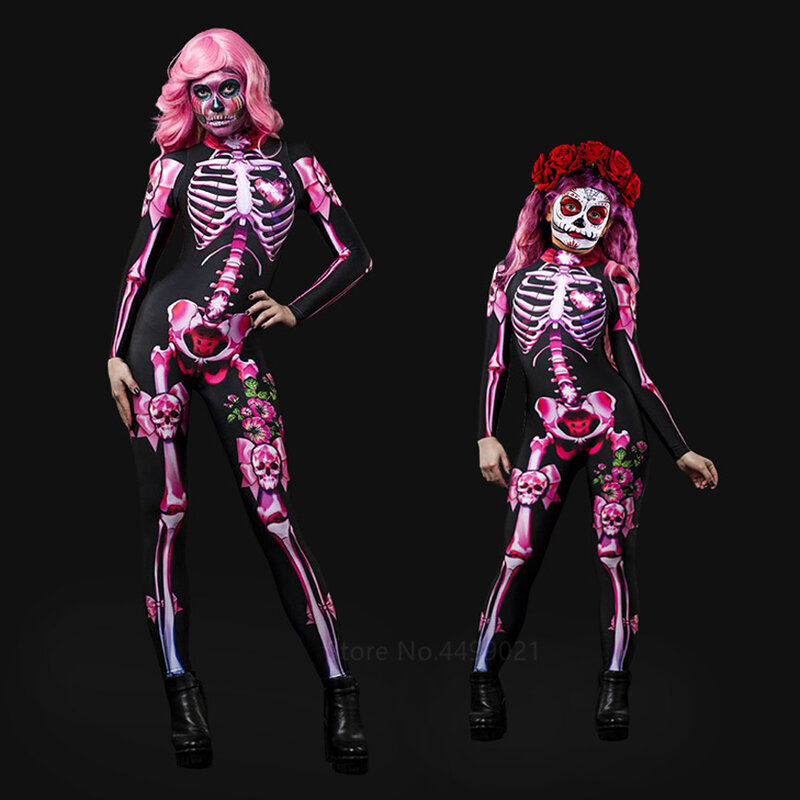Halloween Jumpsuit Costume for Kids Women Adult Cosplay Costumes Children Scary Devil of Dead Skeleton Print Pink Carnival Party