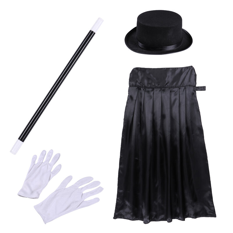 Kids Magician Role Play Cosplay Costumes Outfit Set Halloween Magician Dress Up Top Hat Magic Cape Magic Wand White Gloves