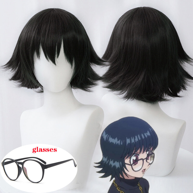 شعر مستعار أنيمي شيزوكو موراساكي مع نظارات ، نمط أسود قصير ، شعر مستعار اصطناعي مقاوم للحرارة ، غطاء مجاني