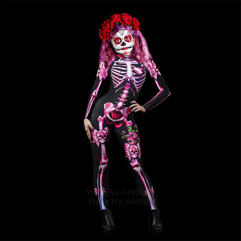 Halloween Jumpsuit Costume for Kids Women Adult Cosplay Costumes Children Scary Devil of Dead Skeleton Print Pink Carnival Party