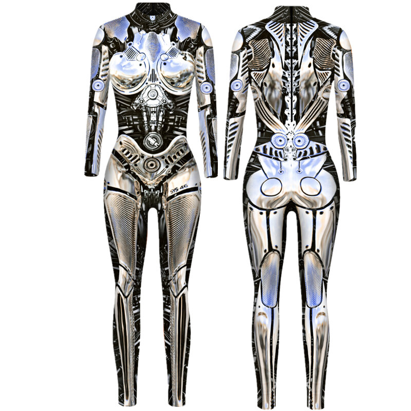 Robot Punk Skeleton Cyberpunk Steampunk Sexy Slim Jumpsuit Catsuit Cosplay Costumes Zentai Women Bodysuit Fancy Dress Halloween