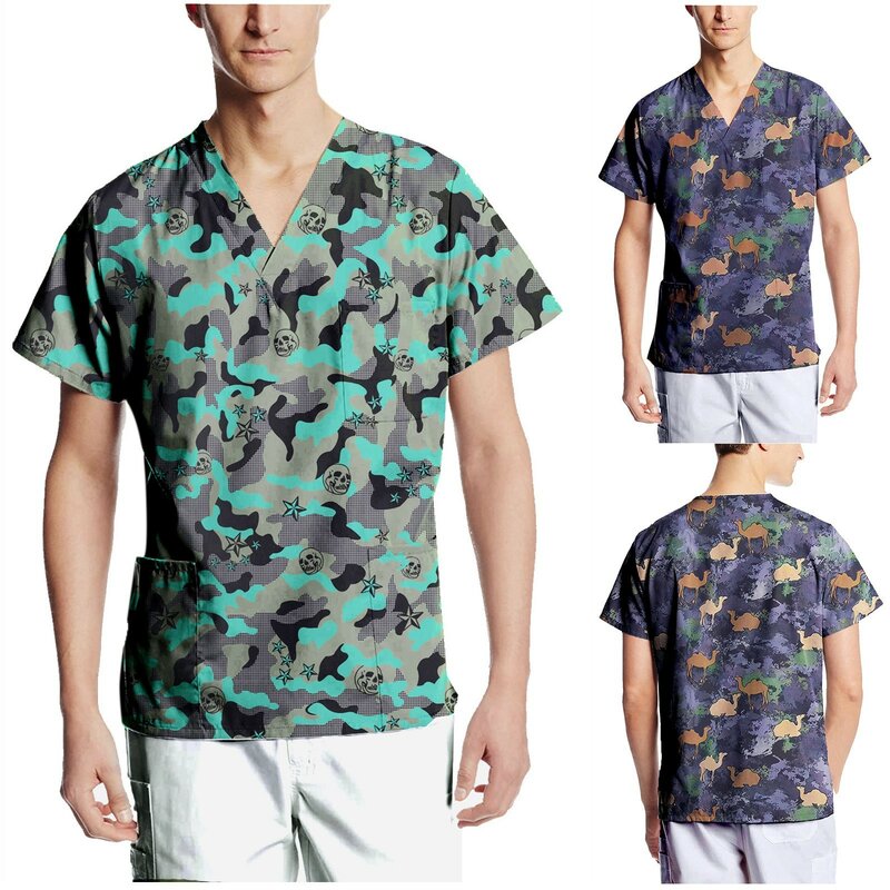 Men Nursing Uniform Solid Color Short Sleeve V-neck Tops Summer Oversized T-shirt For Male Care Worker Healthcare Clinic Clothes