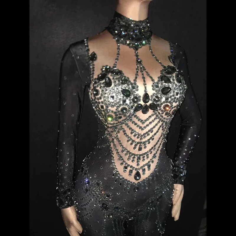 Black Rhinestones Show Jumpsuit sexy Birthday Dance Party Prom Nightclub Singer gogo Stage Rompers designer clothes