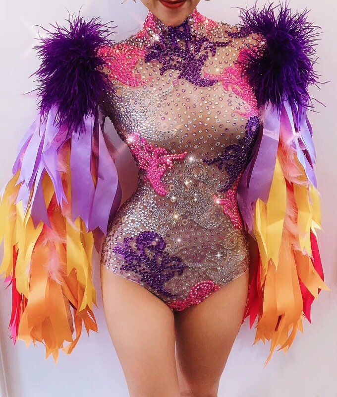 Dropshipping Colourful Feather Sleeve Rhinestone Bodysuit Women Nightclub Bar Party Outfit Performance Dance Costume