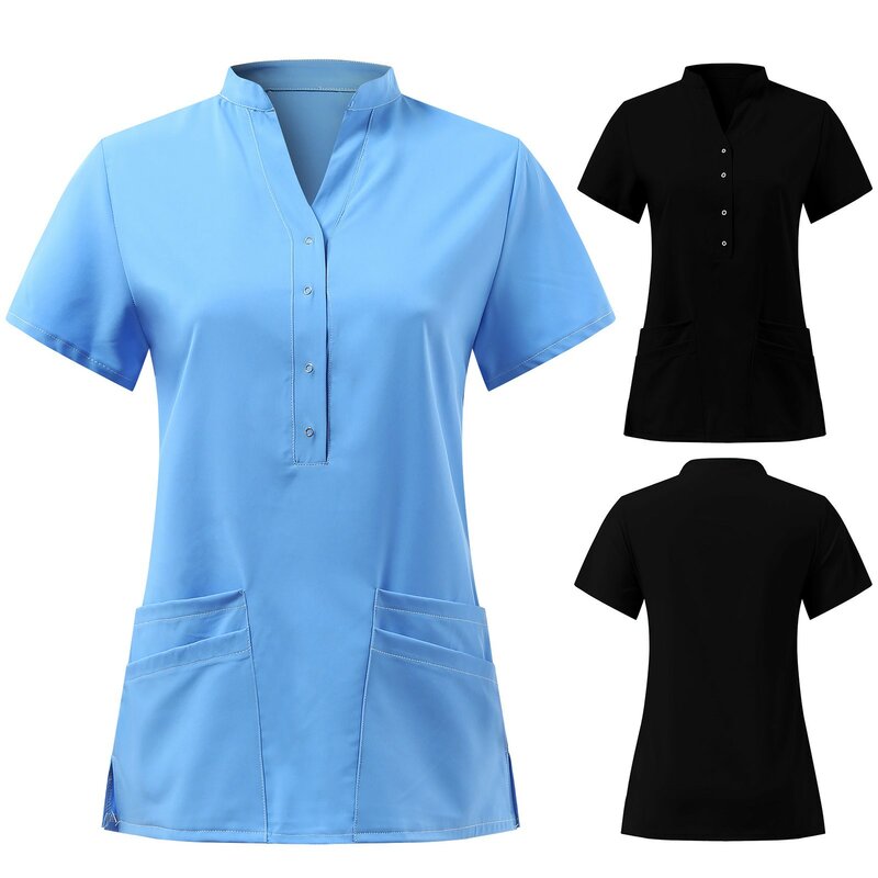 Solid Women Nurse Uniform Scrub Short Sleeve V-neck Button Pocket Tops Nursing Working Medical Uniform Blouse Nurse Accessories