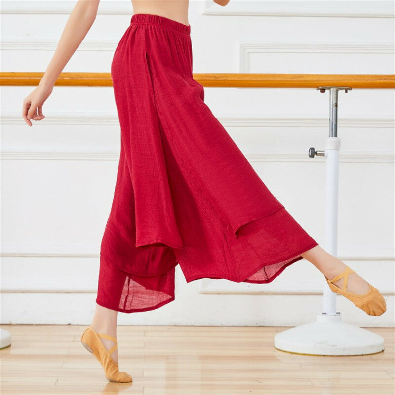 Chinese Folk Dance Classical Dancing Pants Women Loose Wide Leg Trouser 2 Layers Fairy Body Rhyme Dancewear Side Split Plus Size