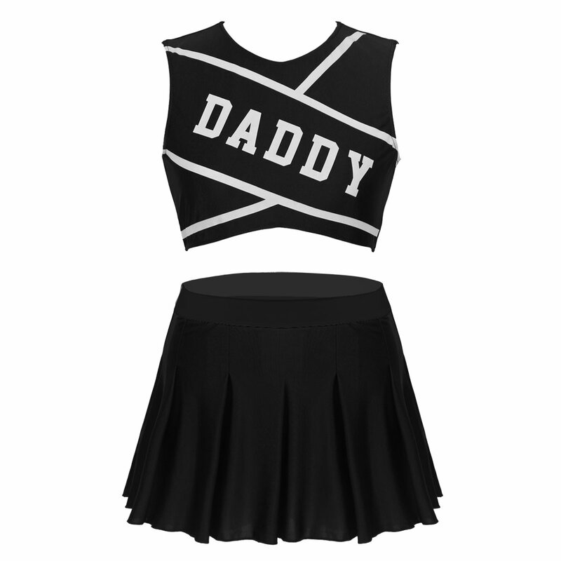 Womens Adult Schoolgirl Role Play Uniform Cheerleader DADDY Lover for Halloween Cosplay Costume Crop Top with Mini Pleated Skirt