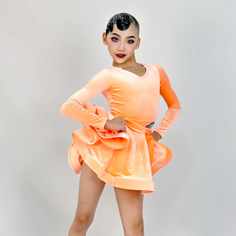 7 Colors Kids Performance Latin Dance Costume Girls Latin Dance Professional Dress Long Sleeved Velvet Ballroom Dance Dress 9277