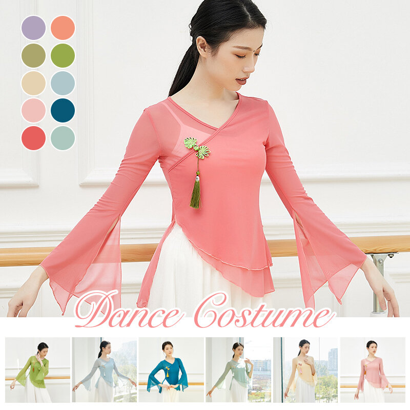 Women Classical Dance Shirt Clothes Chinese Retro Buckle Ancient Rhyme Gauze Translucent Long Sleeve Tops Folk Dance Costume